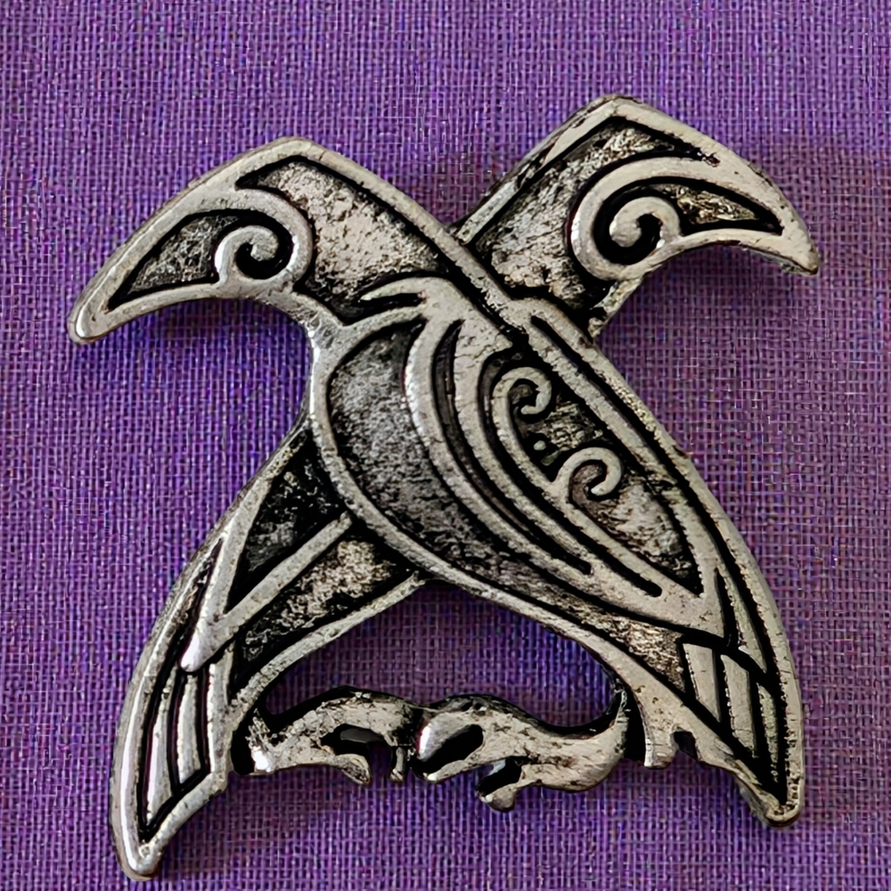 Twin Ravens Pin - Antique Silver - Viking / Celtic / Tribal Design